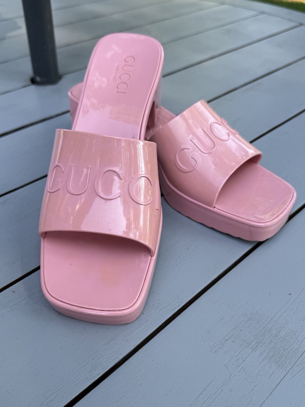 Gucci Pink Rubber Jelly Platform Mule Slide Sandal Heel Italy Womens Size 9/9.5